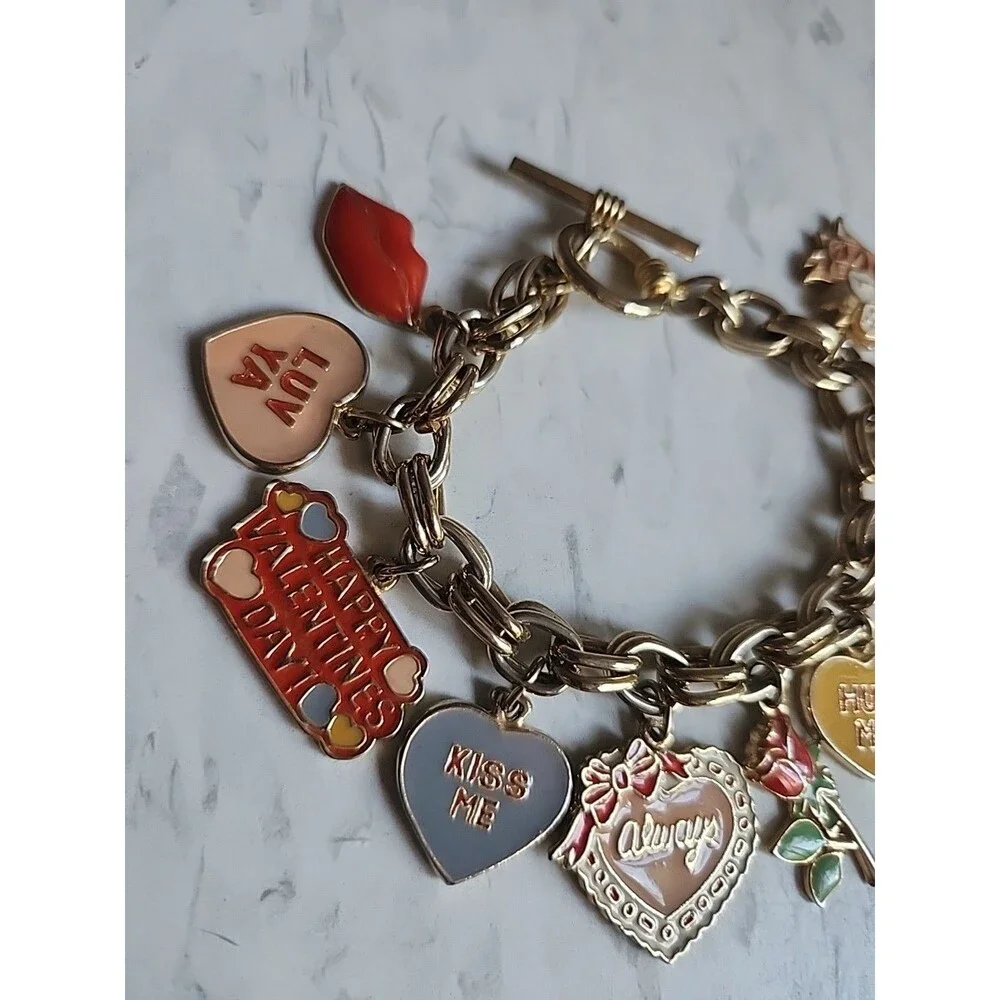 Charm Braclet, Love, Valentine's Day, Hearts, Hugs and Kisses Gold Tone Braclet.